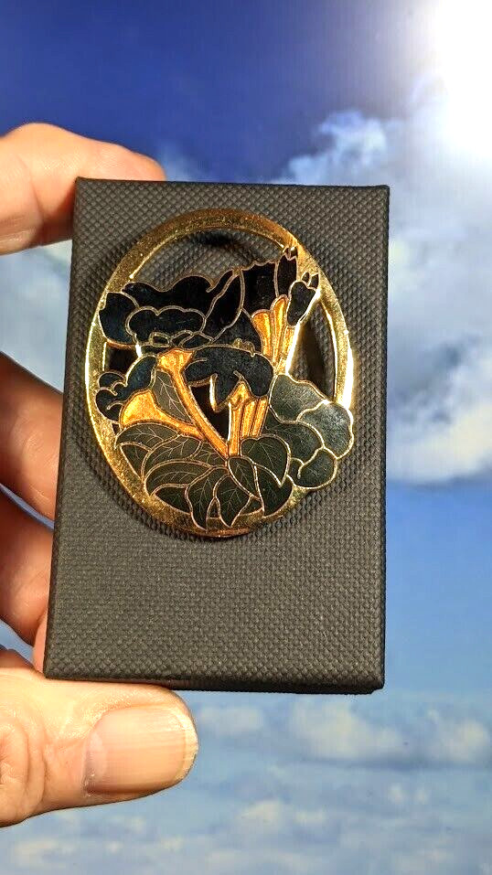 Vintage Cloisonné Enamel Floral Brooch, in Box. 52mm