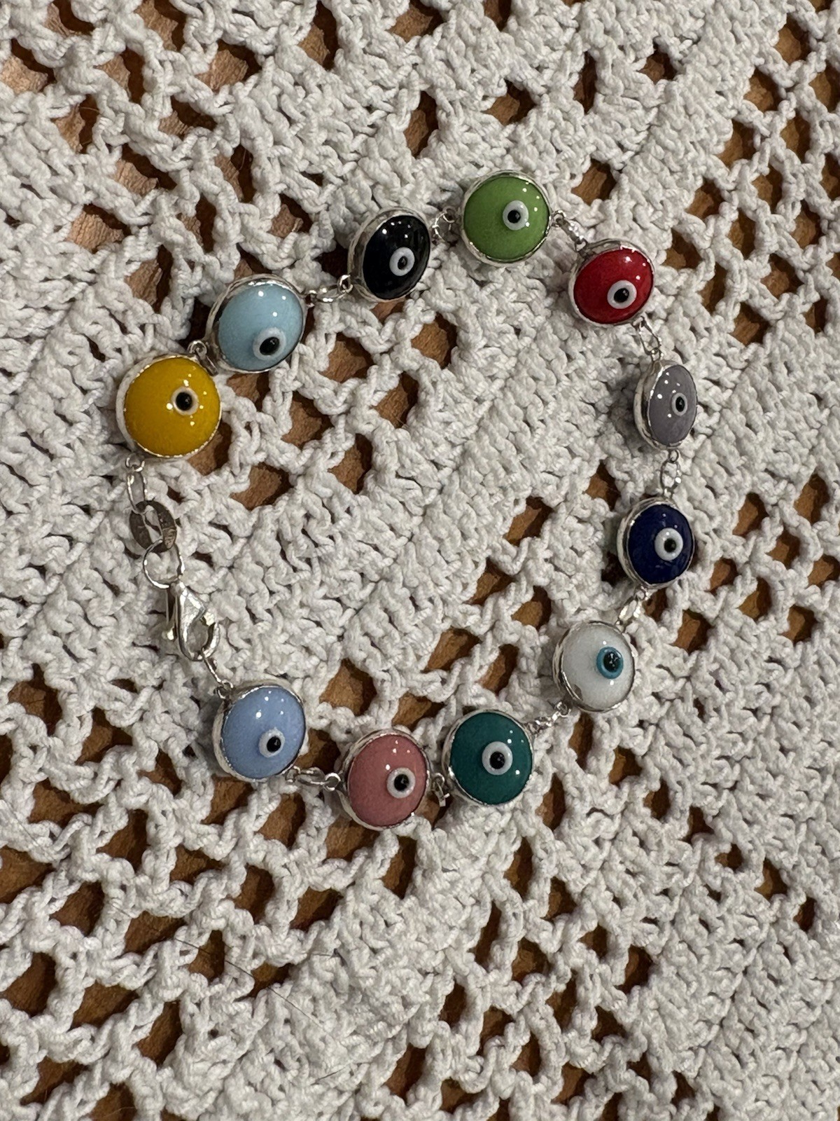 Multi Color Evil Eye Good Luck Bracelet Real 925 Sterling Silver 7.5 Inches