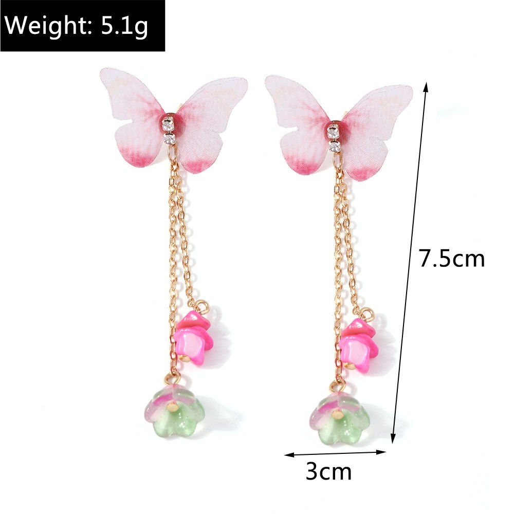 Pink Butterfly Flower Dangle Drop Earrings Crystal Tassel Women Fashion Jewelry