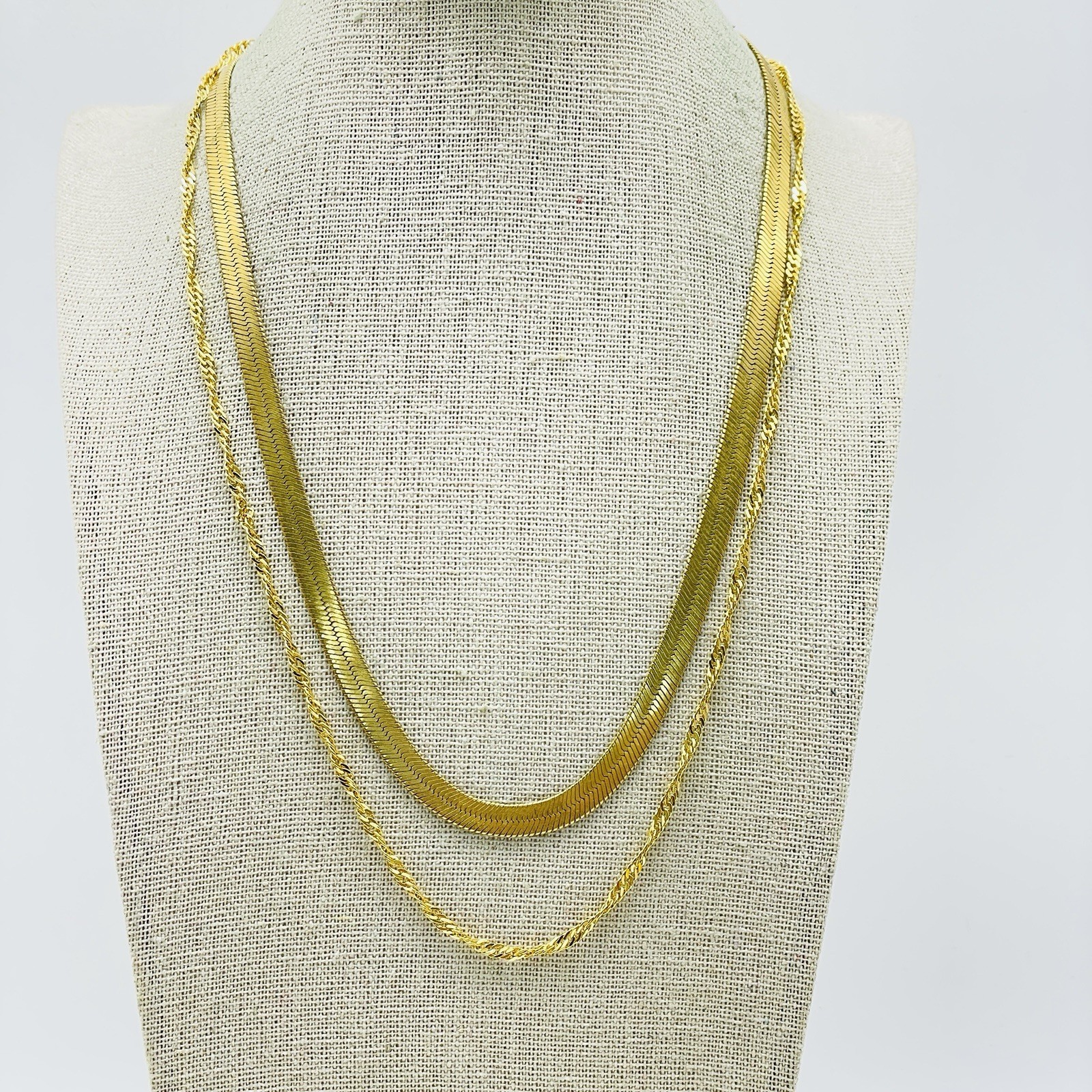 Gold Tone Necklace Lot of 2 Herringbone and Twisted Chains