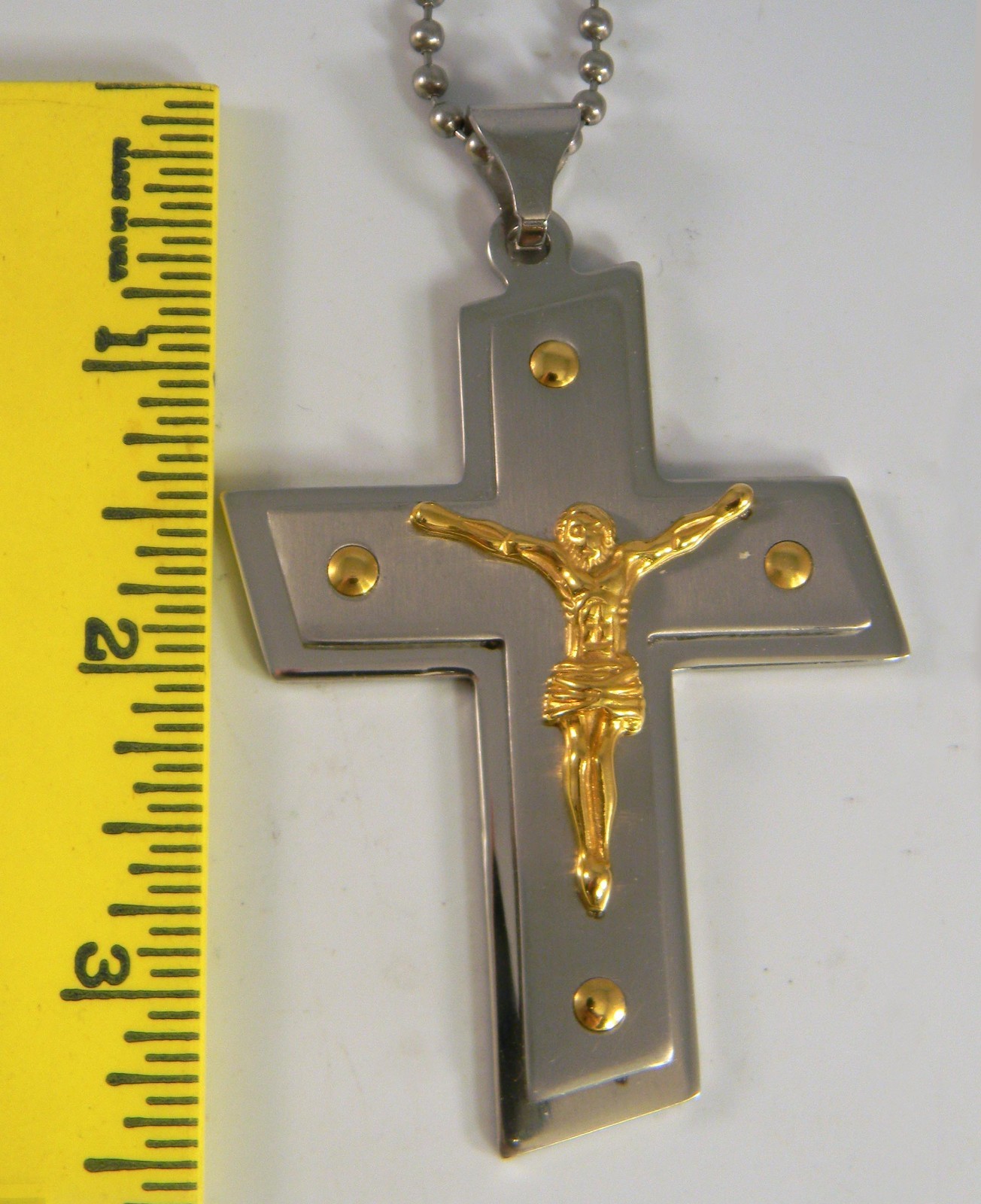 Large Stainless-Steel Cross Crucifix Pendant Necklace with Gold Tones