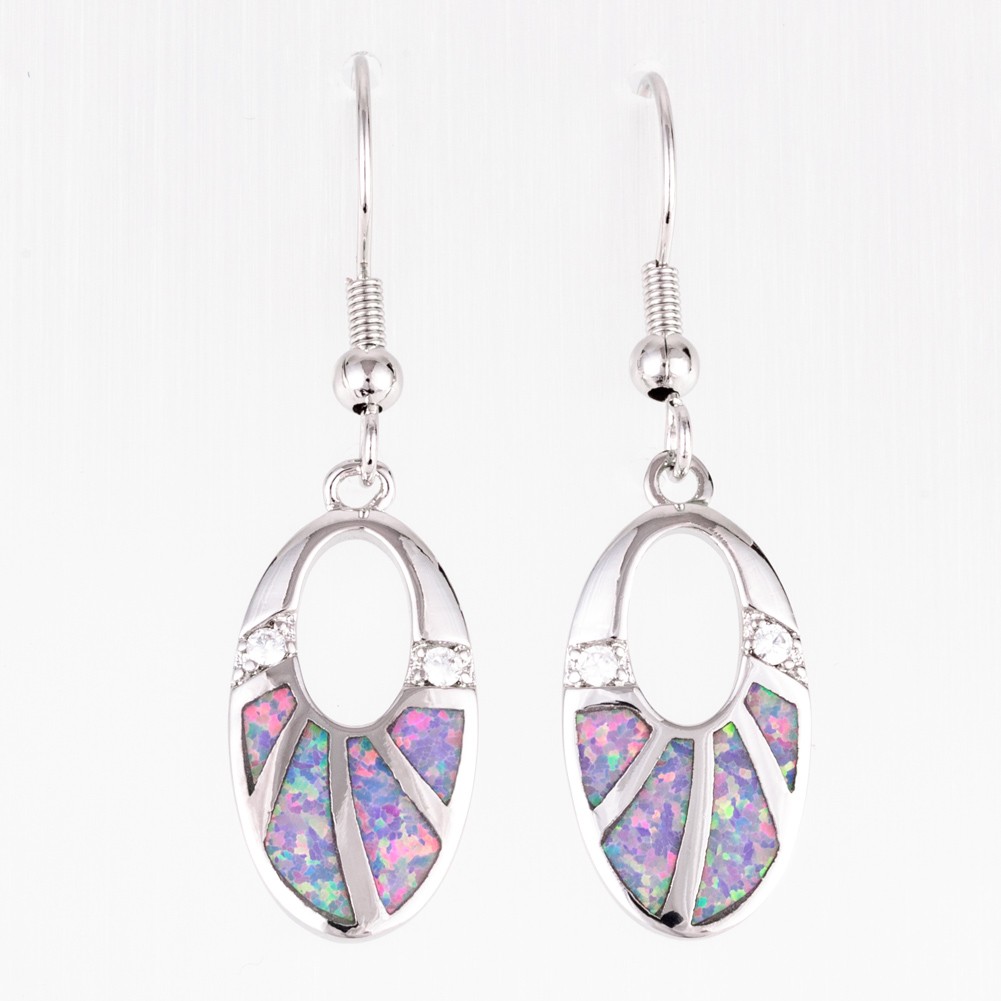 Oval Shape Lavender Purple Fire Opal CZ Silver Jewelry Dangle Drop Earrings