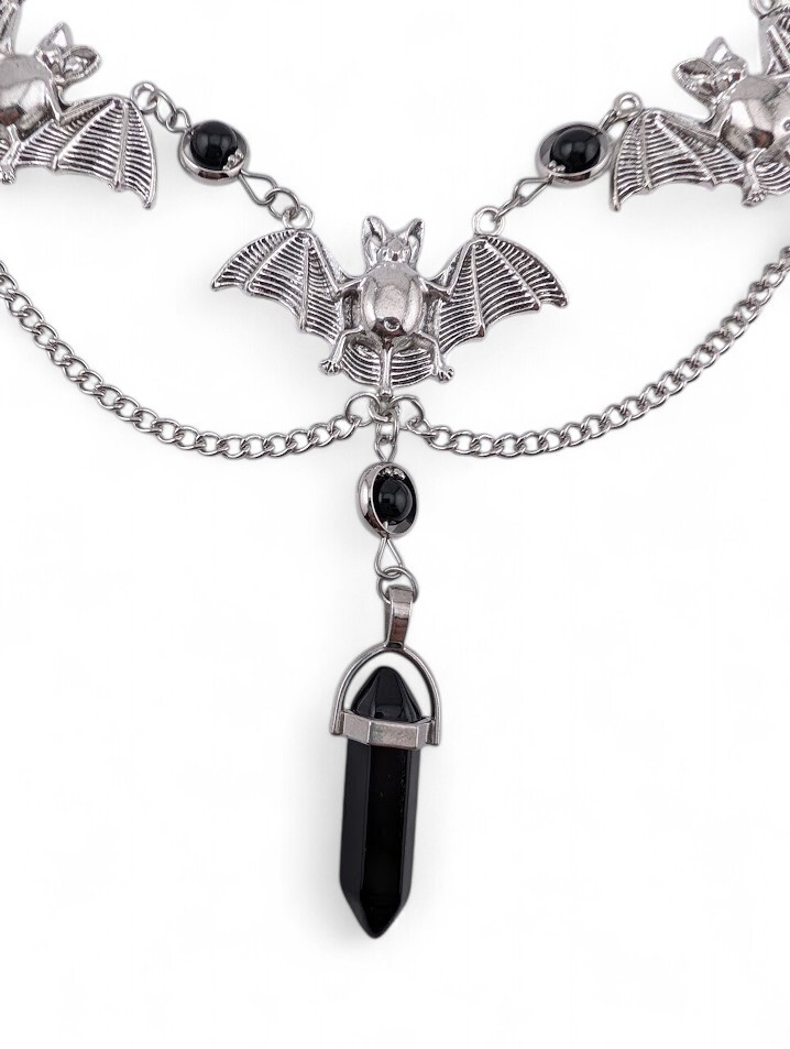 SILVERTONE VAMPIRE BAT BIB NECKLACE black beads chain choker gothic halloween R2
