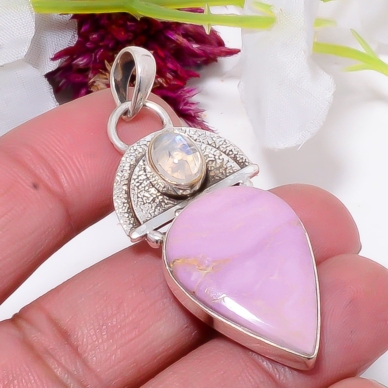 Phosphosiderite, Rainbow Moonstone – India 925 Sterling Silver Pendant 2.11″ S48
