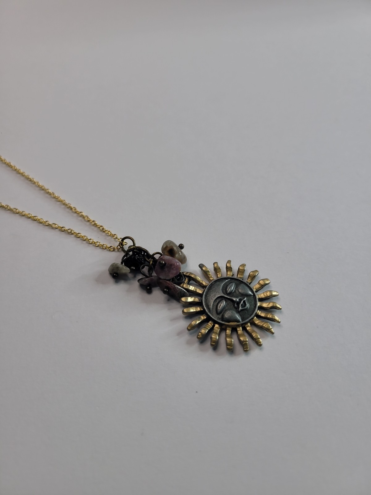 Celestial Sun Face Pendant Necklace Boho Mixed Metal Stone Charm Jewelry