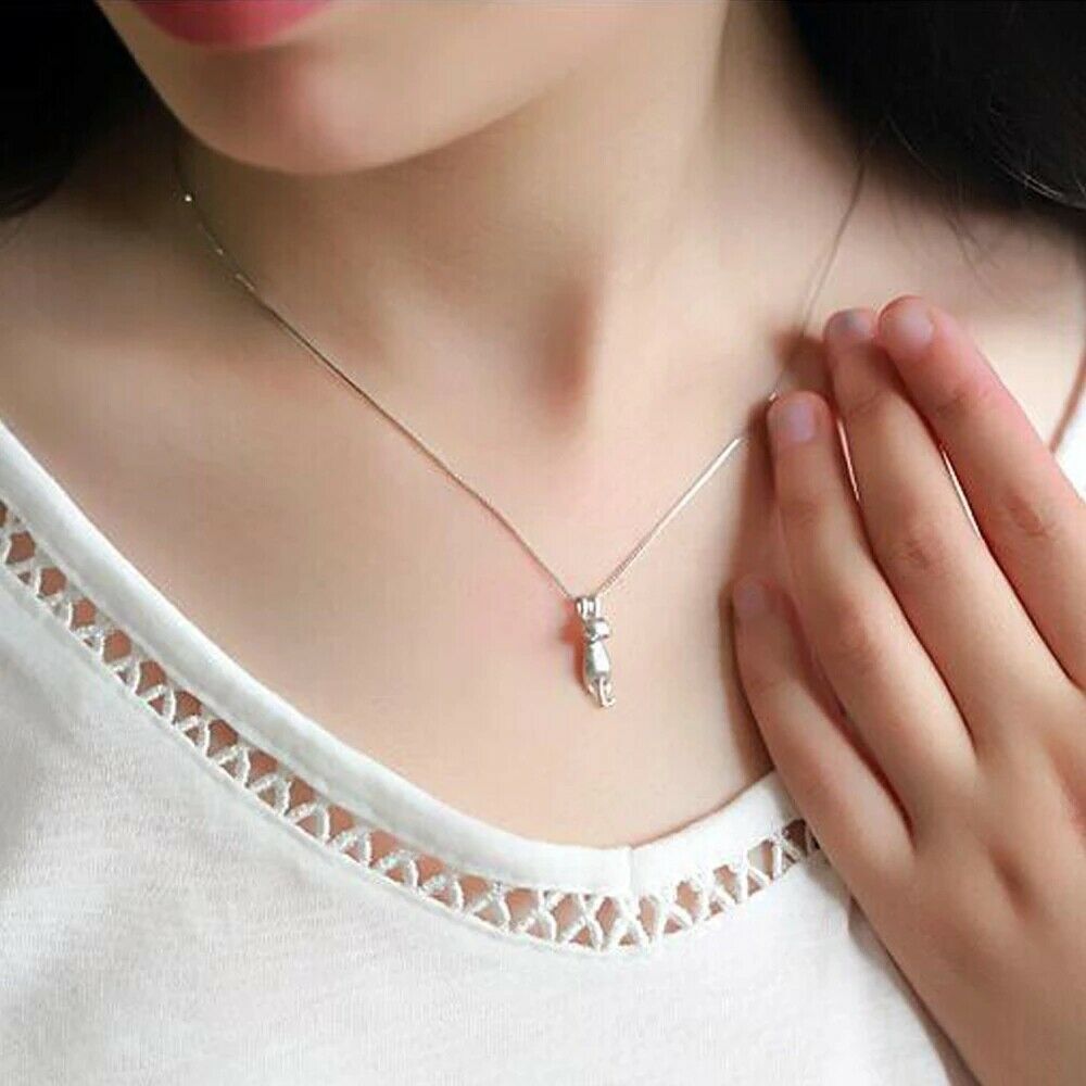 Sterling Silver Love Cute Cat Kitty Pendant Necklace 18″ Chain Women Gift USA