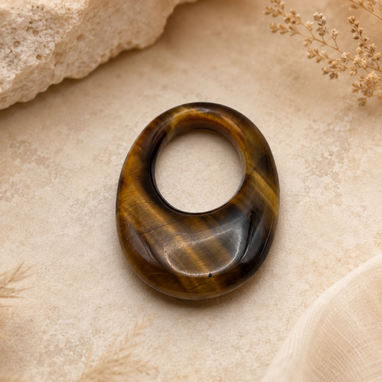 Brown Tiger’s Eye Donut Pendant 33mm Polished Natural Stone Jewelry Making