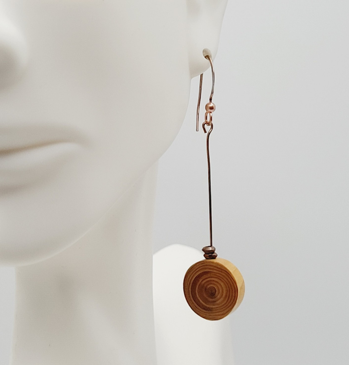 Artisan Handcrafted Round Wood Slice Drop Earrings Long Copper Wire Tree Ring