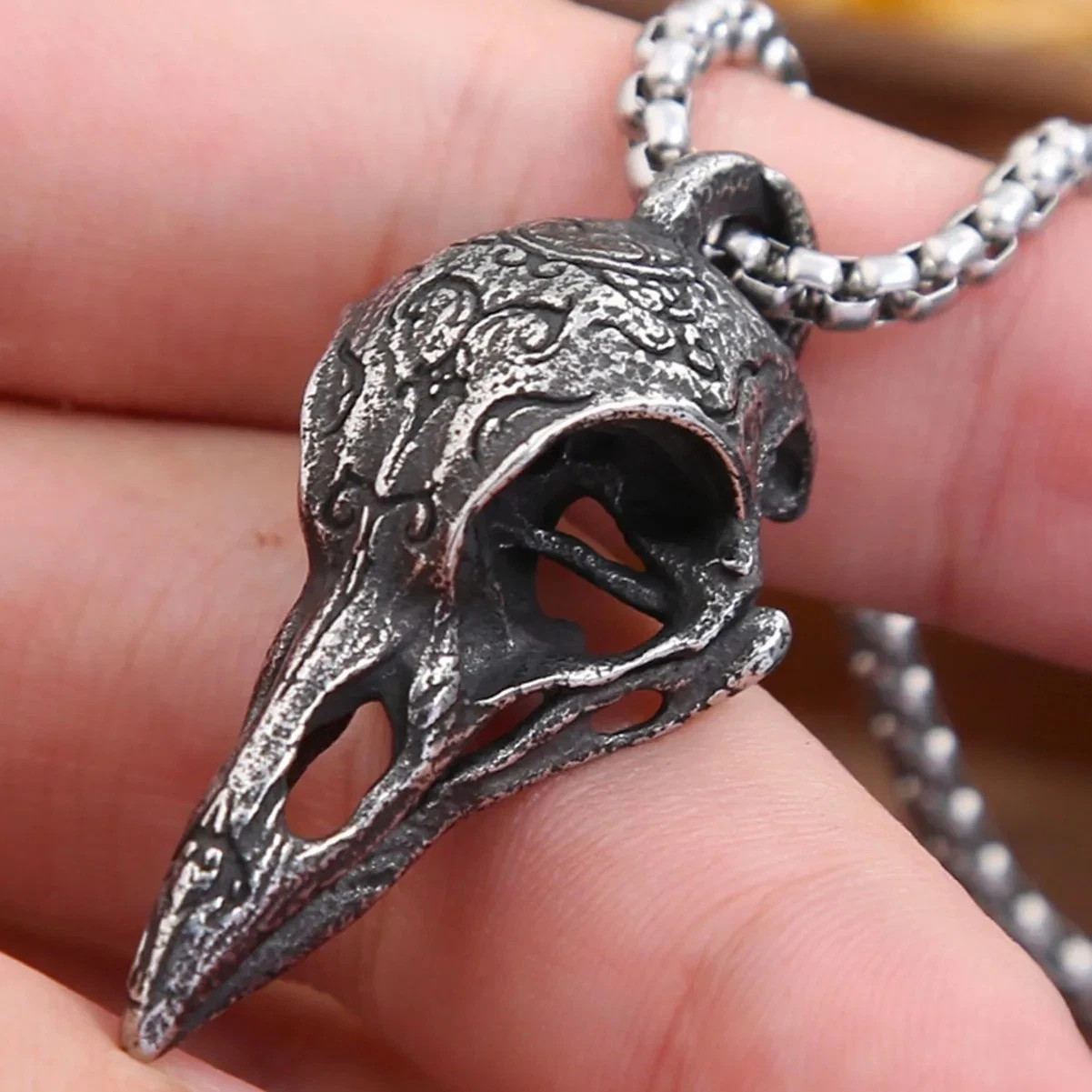 Retro Nordic Crow Skull Pendant Necklace, Bird Amulet Jewelry Gift for Men Perso