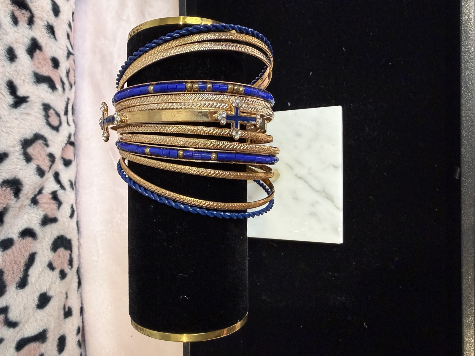 Gold Tone Bangle Bracelet Set Boho Stacked Bangles Blue Beads Cross Charm