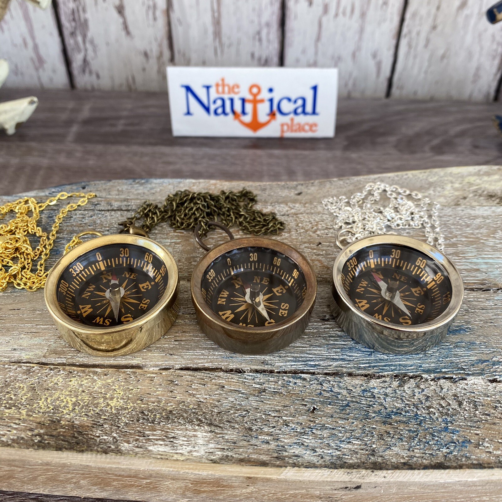 Brass Compass – Sundial, Push Button w/ Lid – Antique, Gold, Silver – Necklace