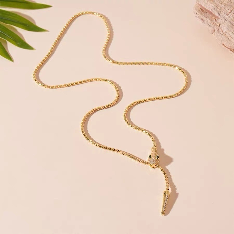 Snake Lariat Necklace Green Crystal Adjustable Waterproof Gold Tone