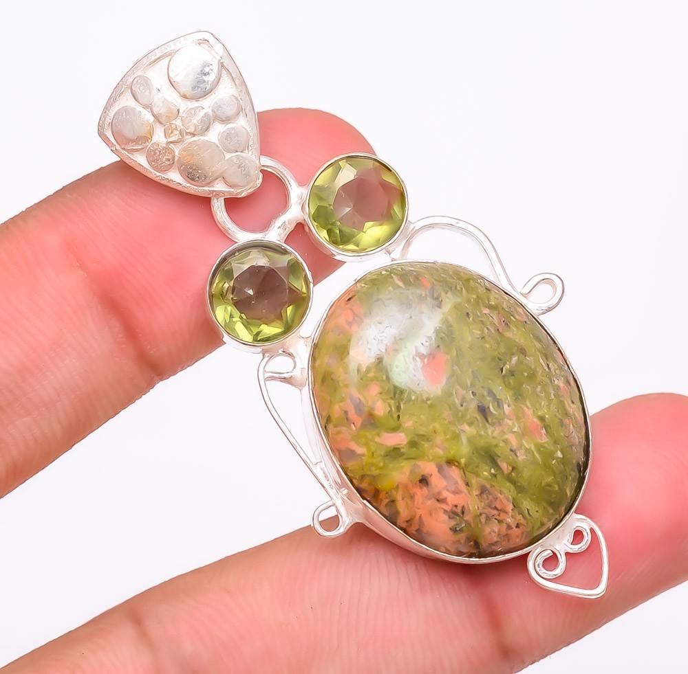 Natural Unakite & Peridot Gemstone 925 Silver Plated Jewelry Pendant 2.2″ F256