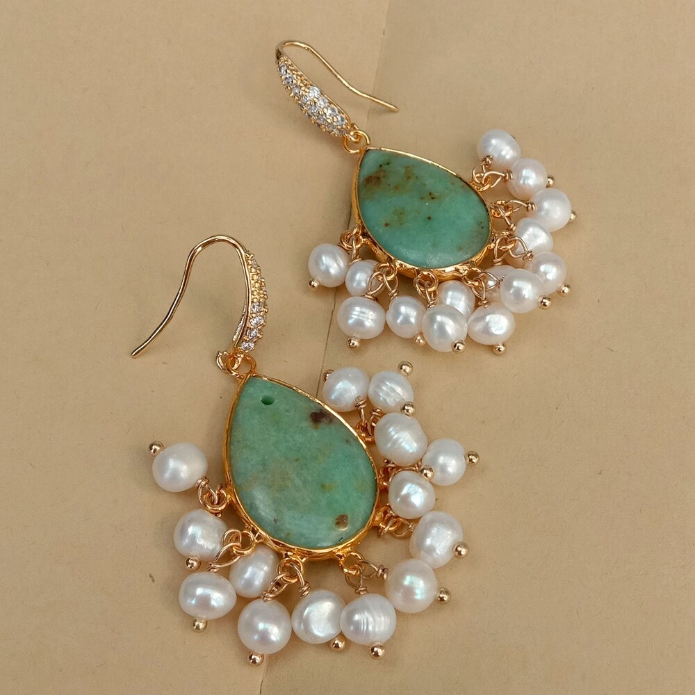 Natural Green Chrysoprase Cultured White Pearl Dangle Earrings