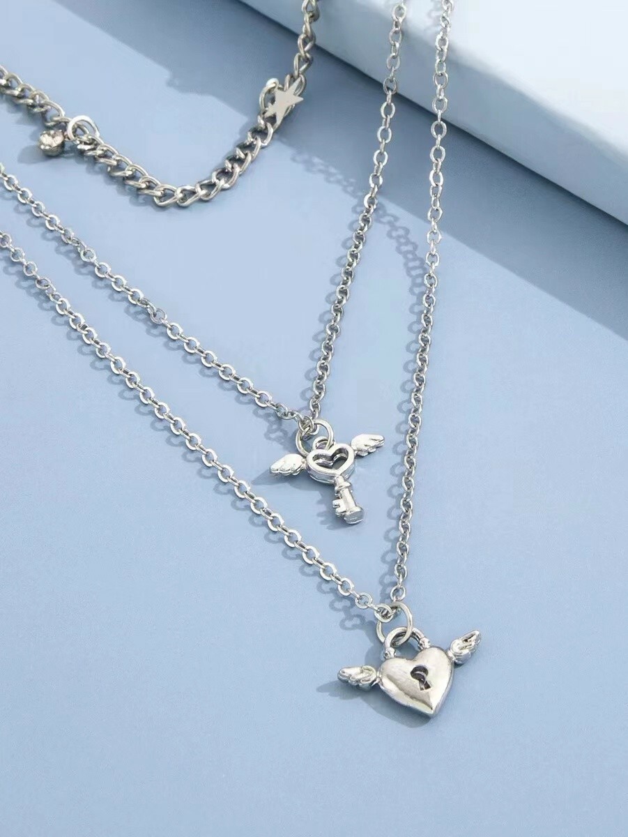 Fashion Women Multilayer Retro Necklace Keyhole Heart Wings Star Pendant 0373