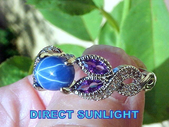 Blue Star Sapphire Ring 8X6mm & Amethyst & White Topaz 925 Sz 10.25