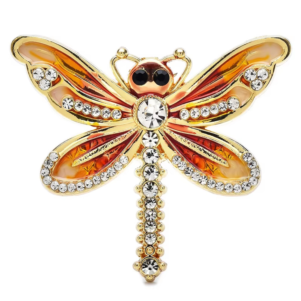 Vintage Gold Tone Enamel Dragonfly Brooch Crystal Insect Pin Nature Jewelry Gift