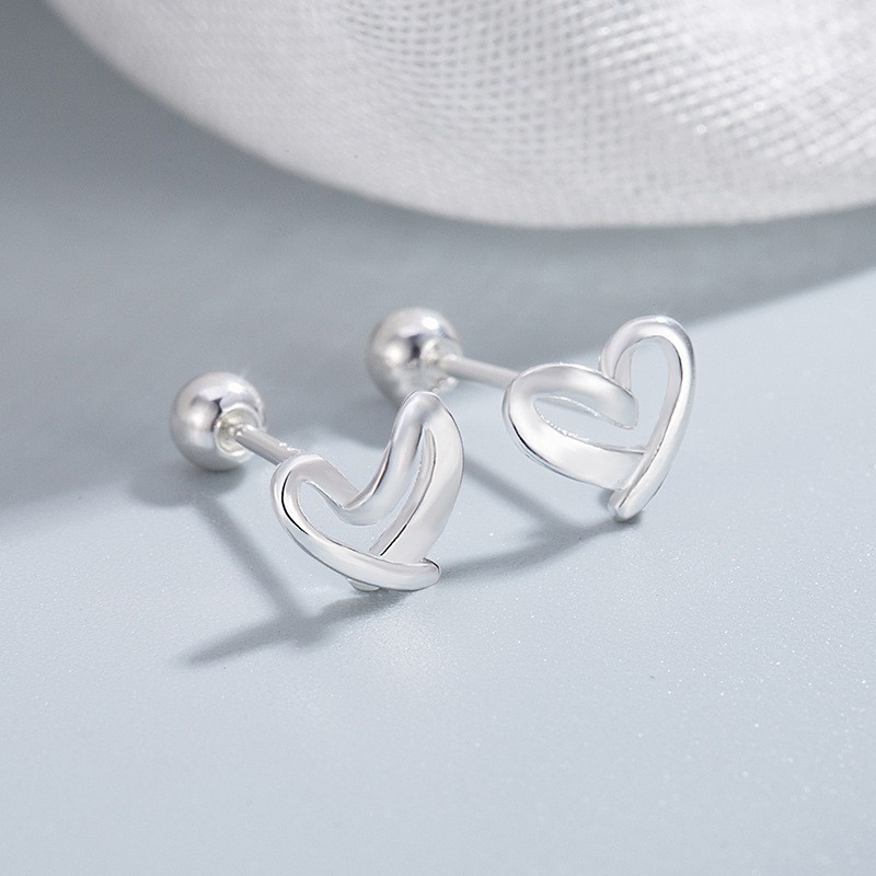 Women Girl Sterling silver 925 Open Heart Ball Screw Back Stud Earrings Gift B11