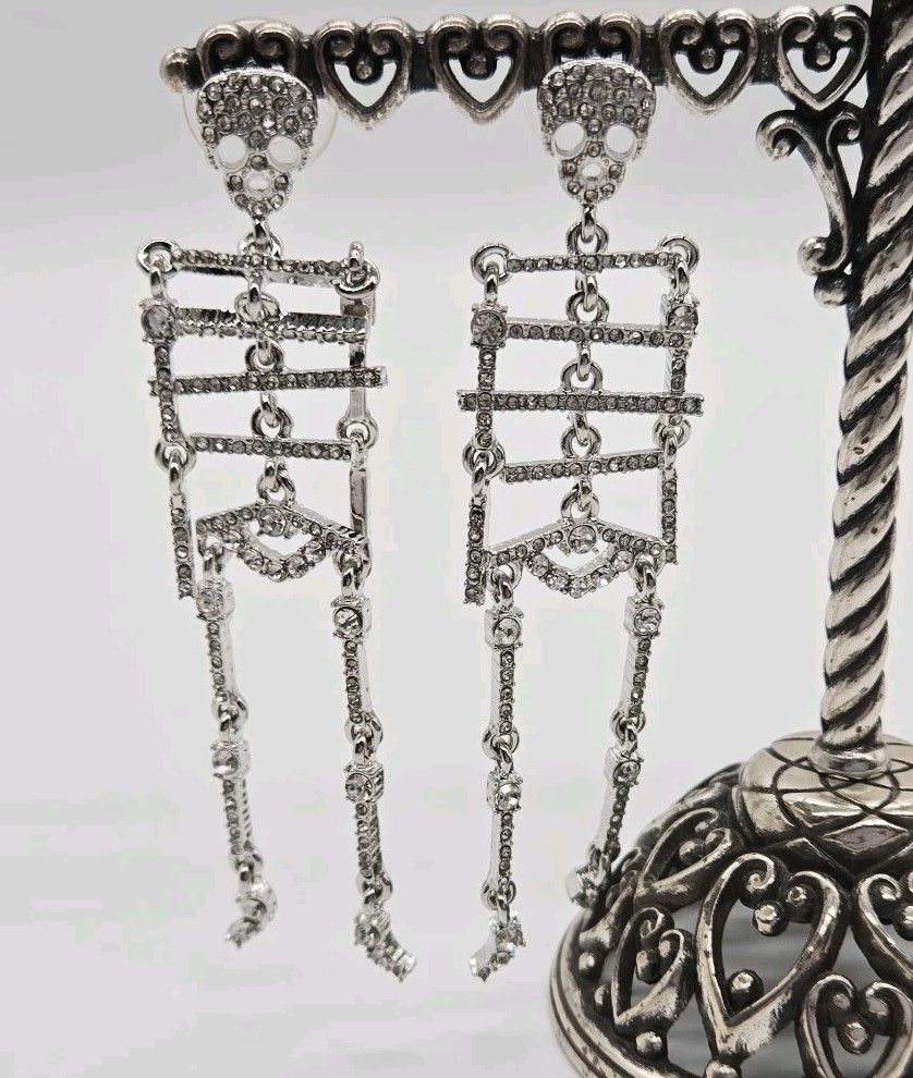 Crystal Skeleton Halloween Dangle Earrings Silver Tone Spooky Movable 3.5 in