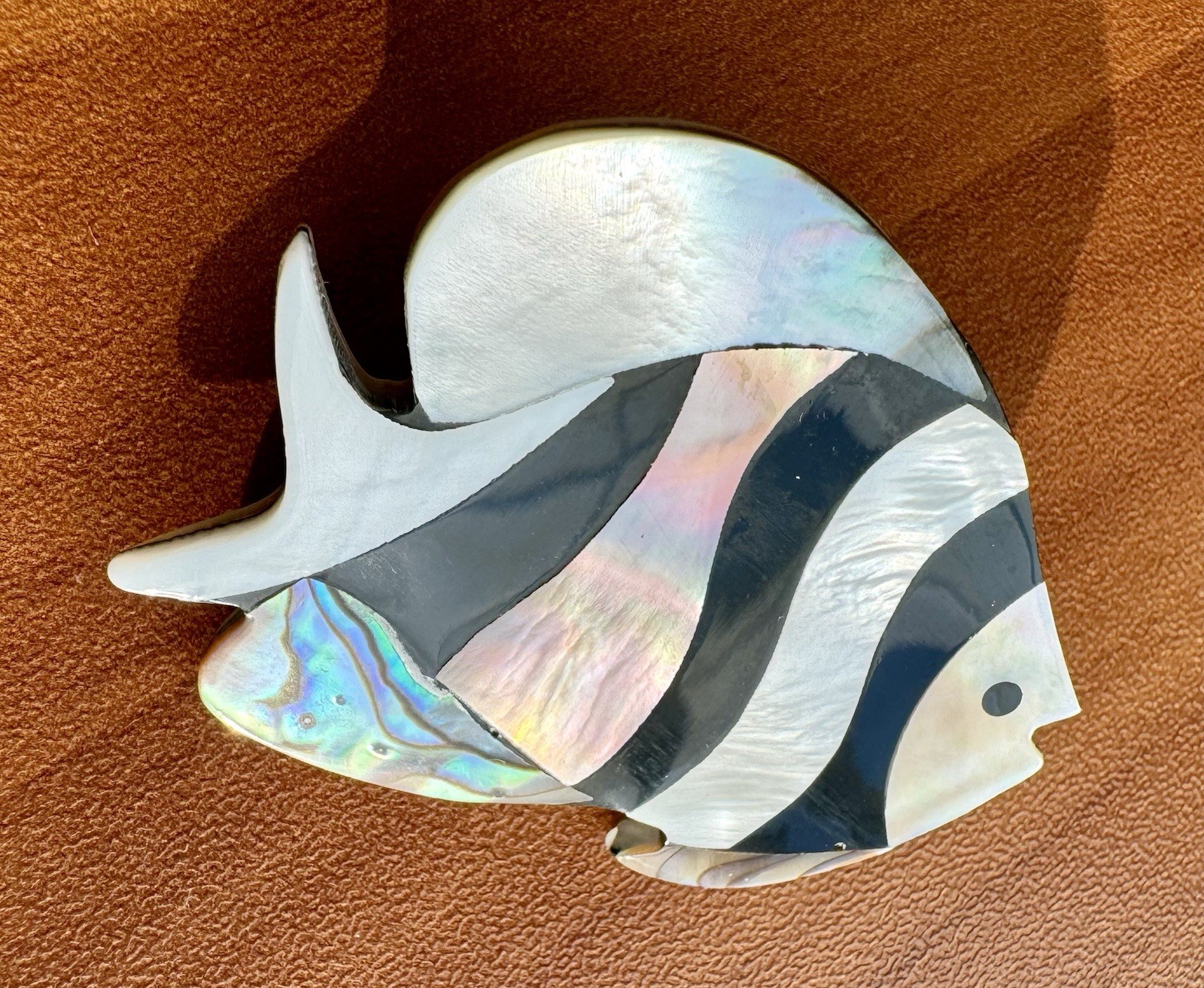 Vtg Brooch Pin FISH Mother of Pearl Abalone Inlay Handmade Read Description