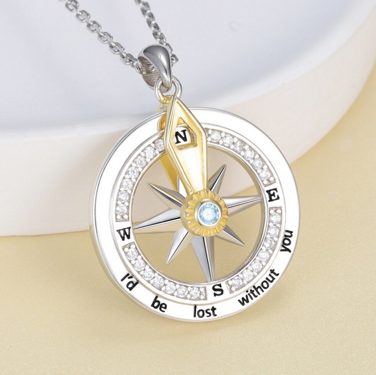 18K 925 Sterling Silver ‘Lost Without You’ Inspirational Rotate Compass Pendant
