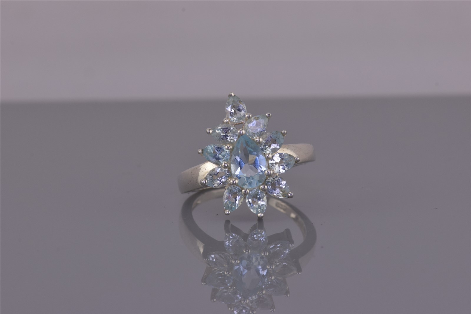 Sterling Silver 19mm Pear Cut Blue Topaz Halo Clustered Band Ring 925 Sz: 7