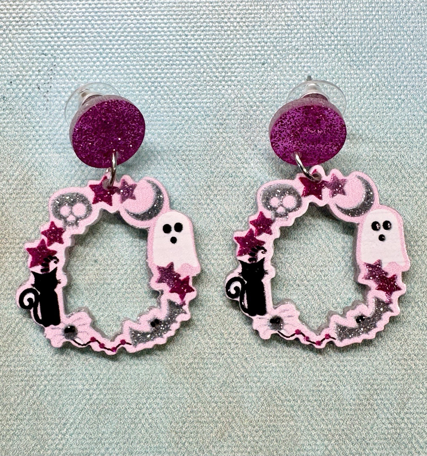 New Pink Halloween Ghost, Skull, Black Cat, Bat Glitter Acrylic Earrings – 1.75”