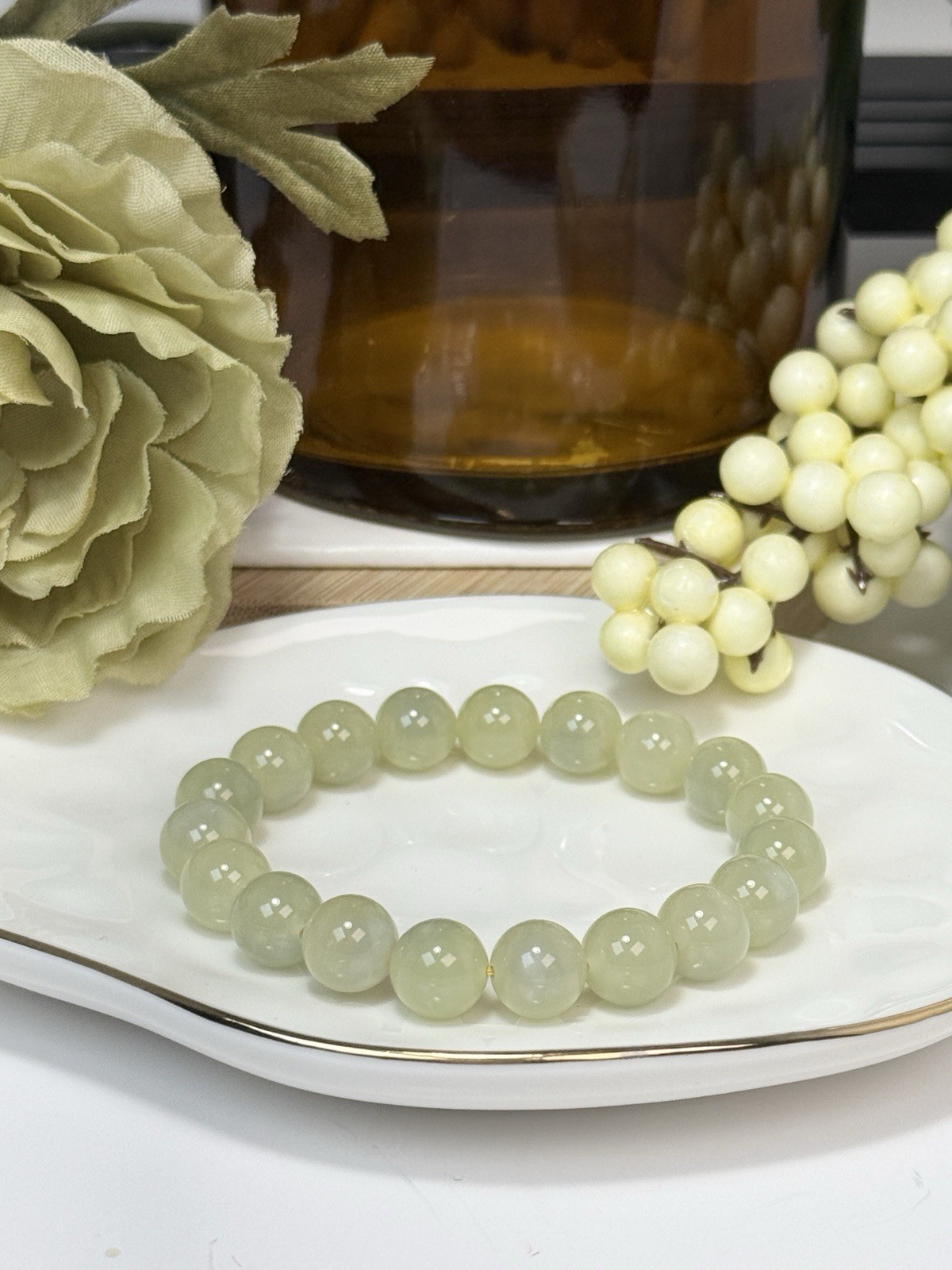 Hetian Jade Yellow Lime Bead Bracelet 10.1MM w/Certificate