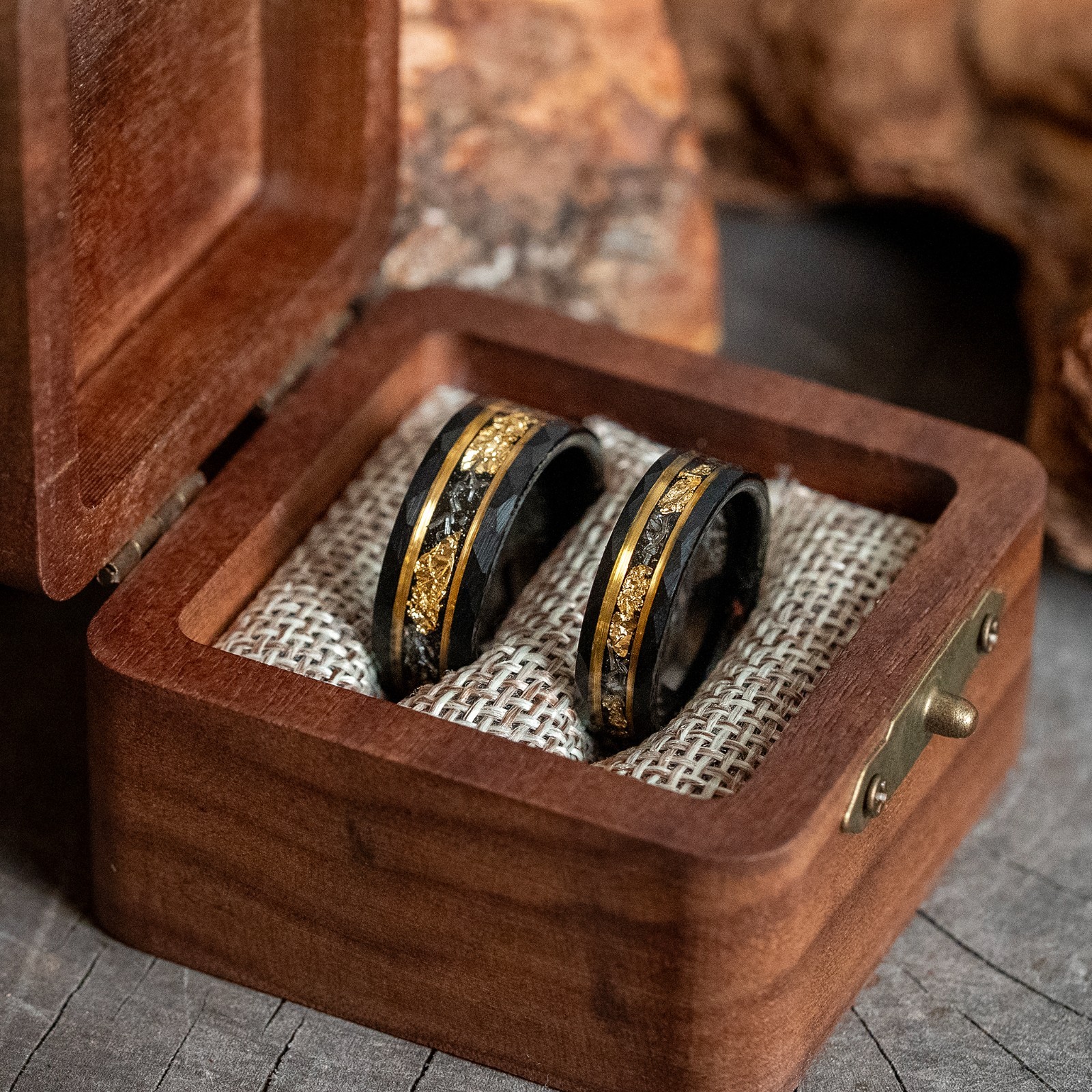 Couple Rings His & Hers Matching Rings Black Meteorite Gold Leaf Tungsten Bands