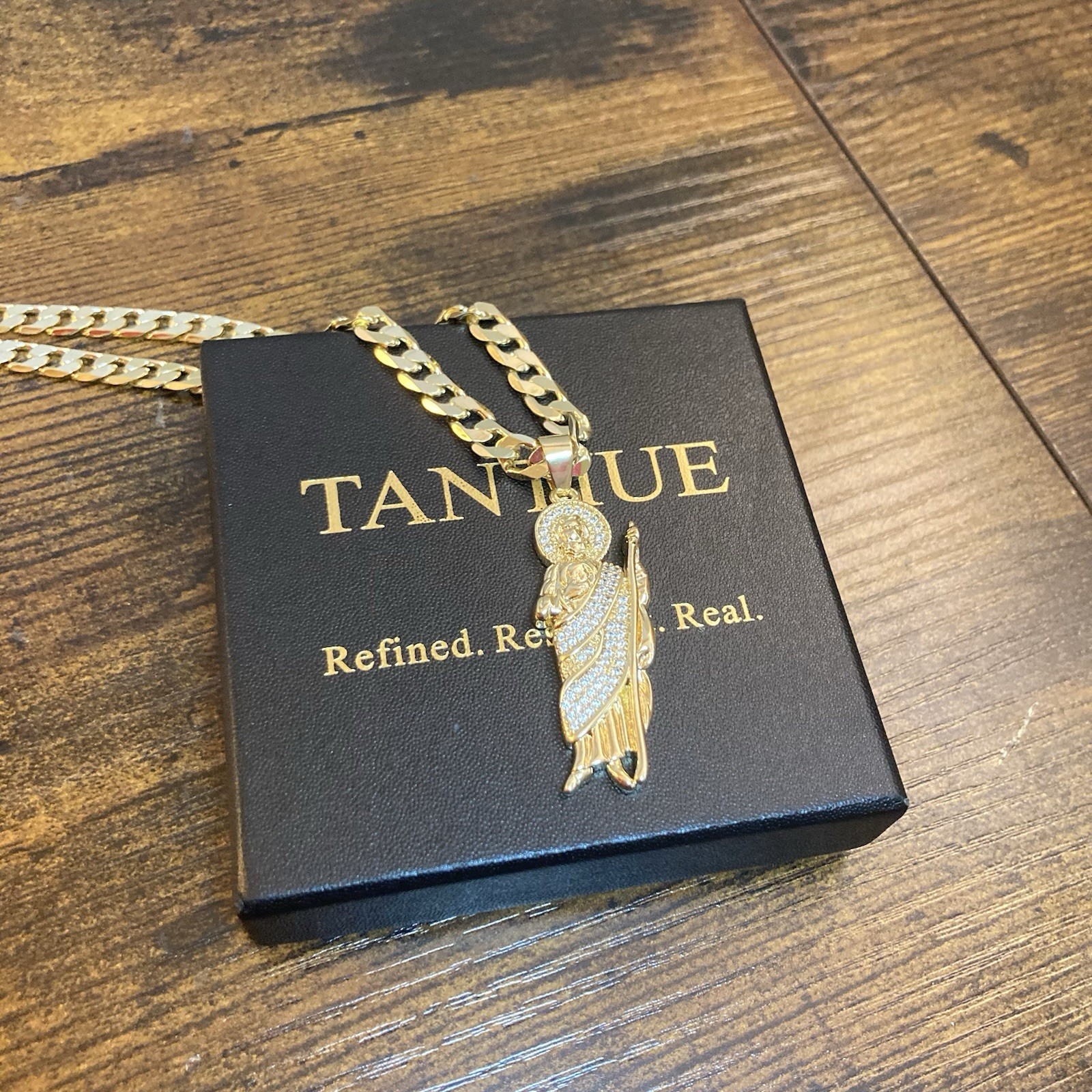 Saint Jude CZ Pendant Necklace Tantiue 23.5in 5mm Gold Tone Curb Link Chain