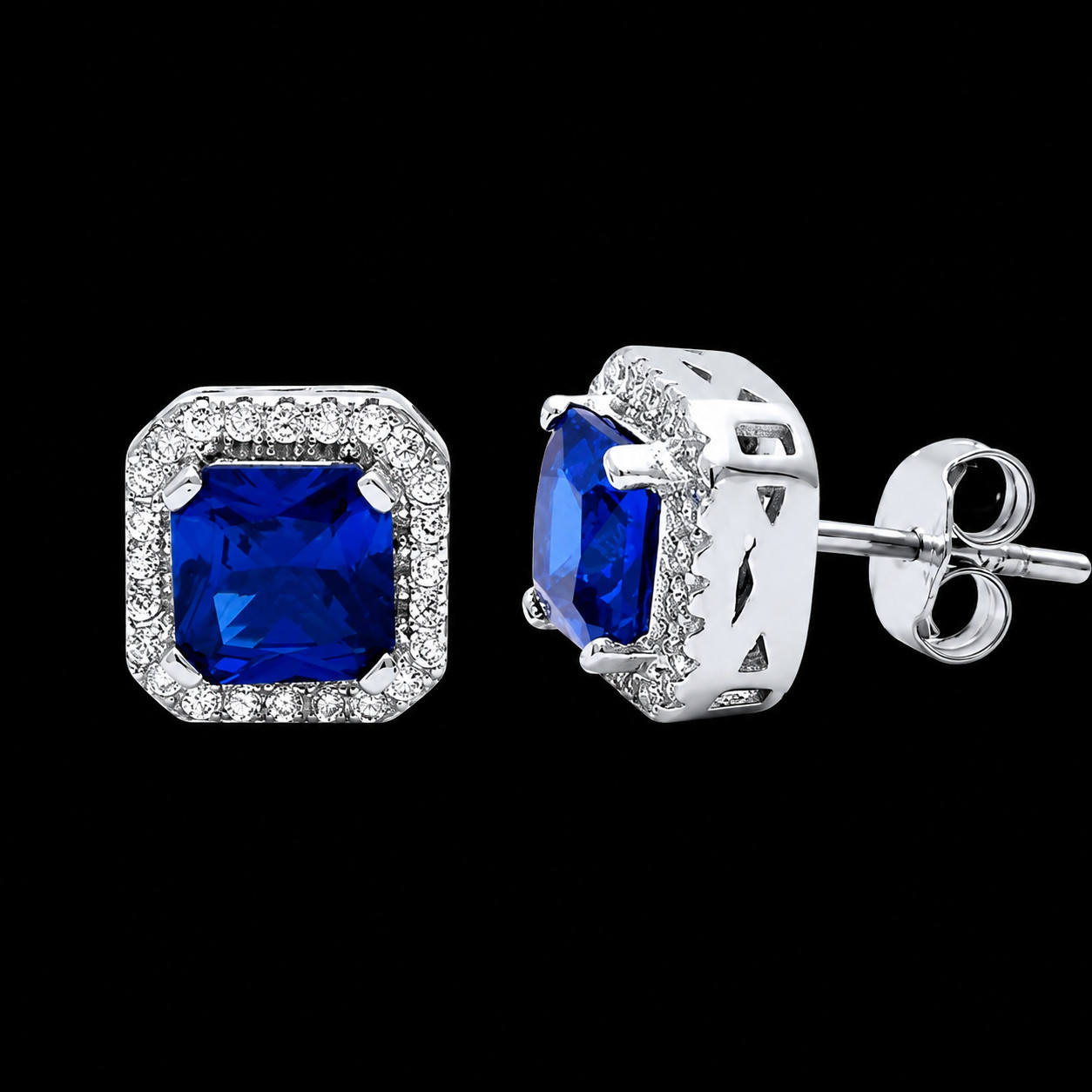 925 Sterling Silver Simulated Asscher Cut Blue Tanzanite/CZ Halo Stud Earrings