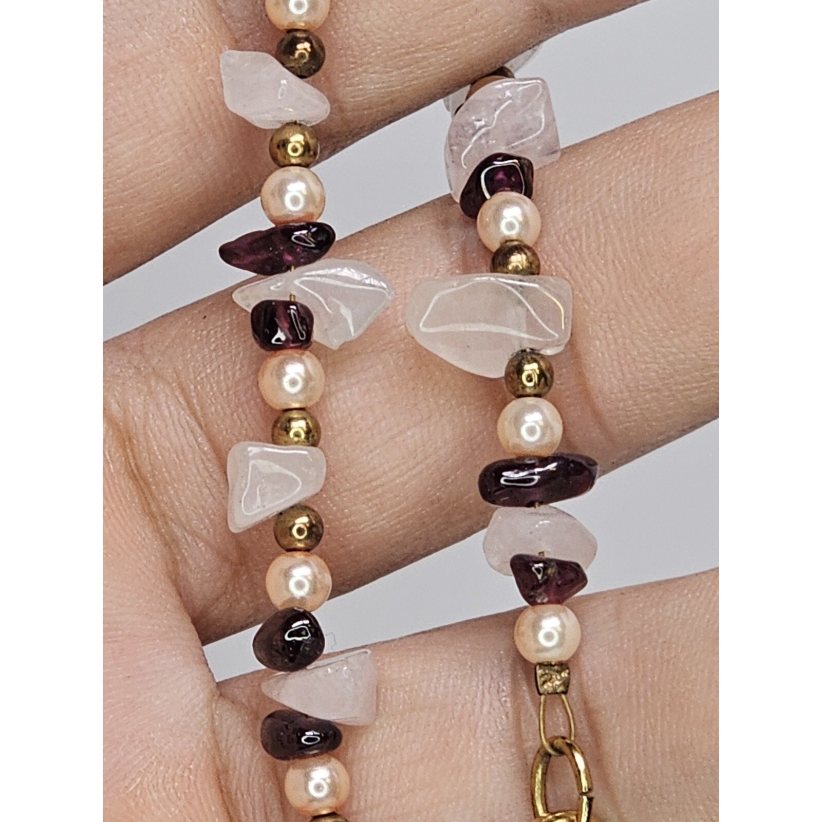 Multi-Gem Necklace [Bronze, Quartz, Garnet & Faux Pink Pearls] Size 20.5″