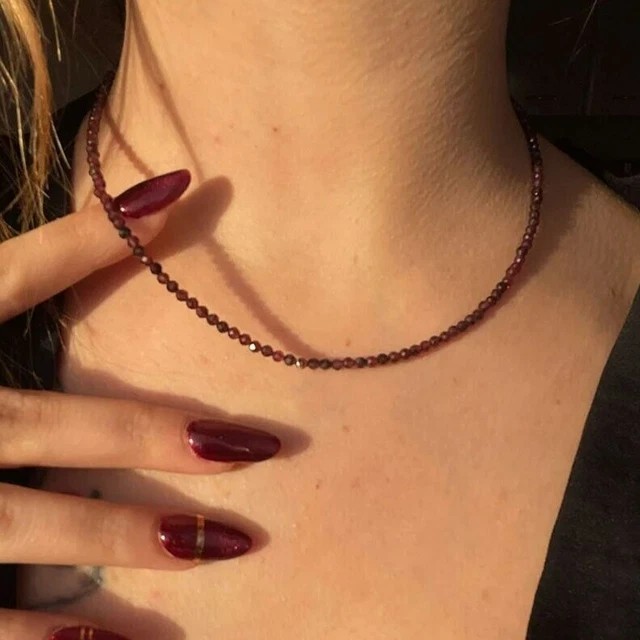 Garnet 2mm Choker Necklace Crystal Gemstone Faceted Beads Minimalist Dainty
