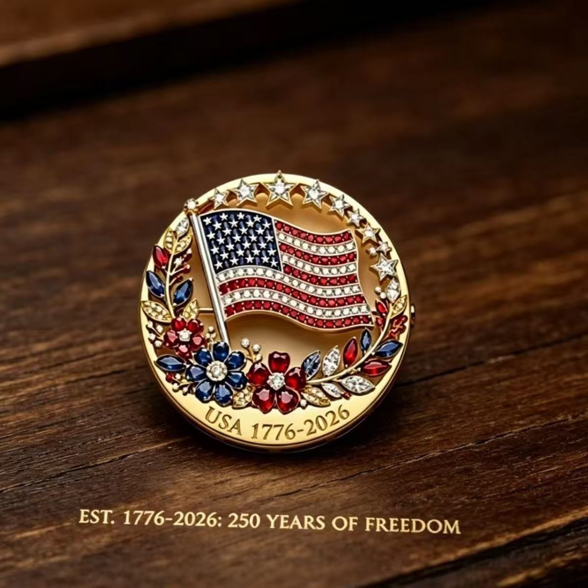 US 1776-2026 250th US Independence Rhinestone American Flag Flower Brooch Pin