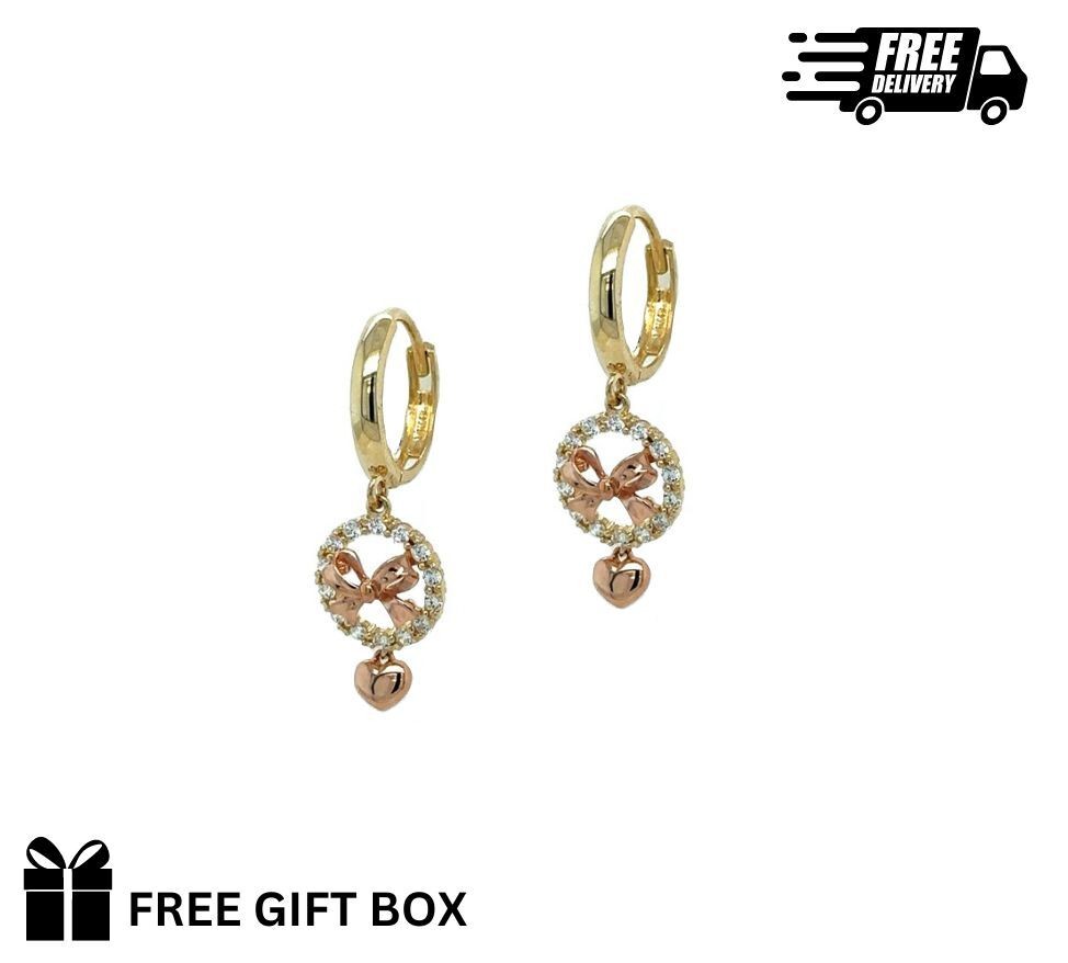 14k Yellow and Rose Gold Dangle Bow Hoop Huggie Earrings