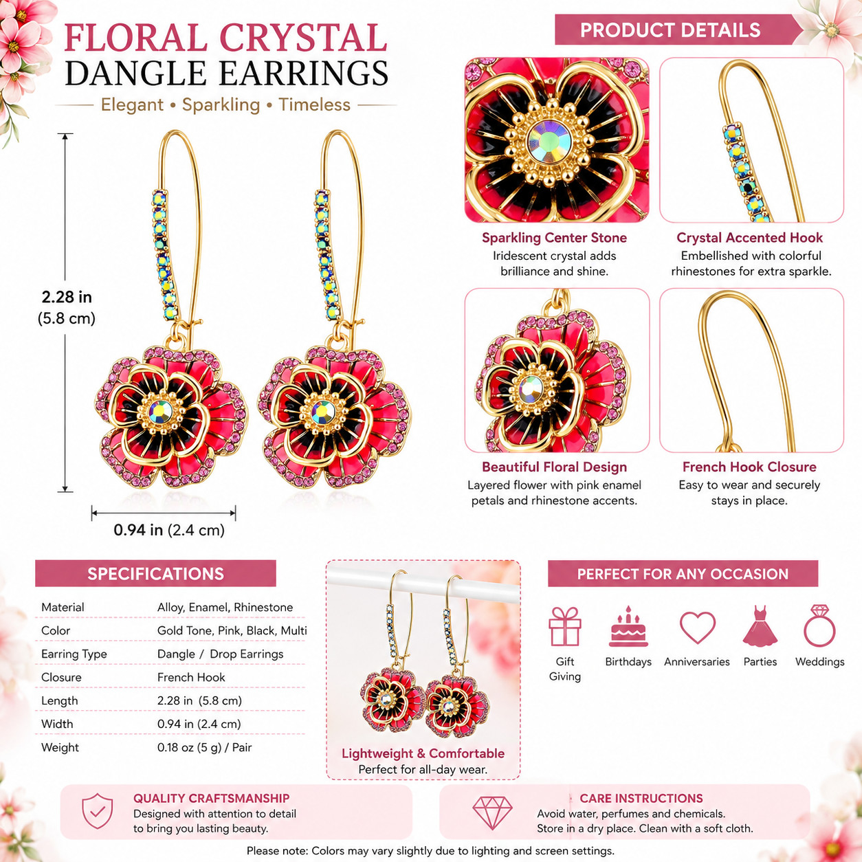 Floral Drop Earrings Women Gold Tone Crystal Rose Flower Hook Statement Boho