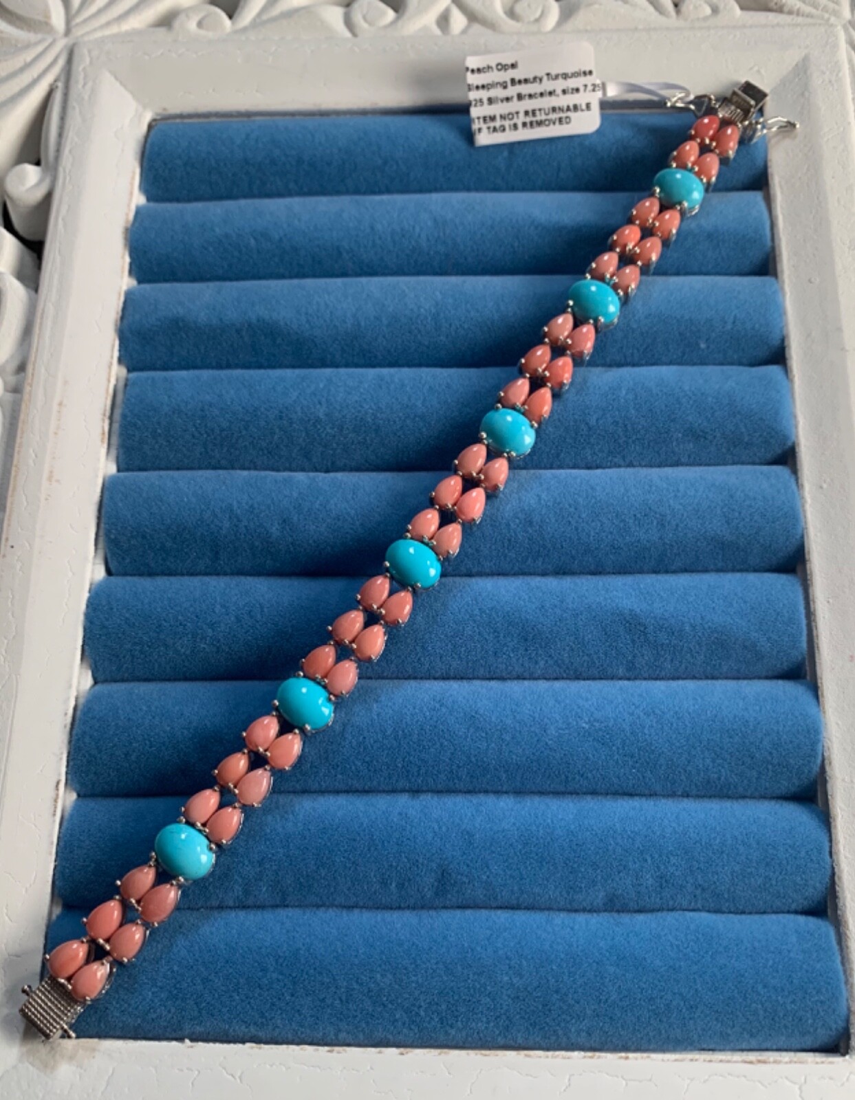 Sleeping Beauty Turquoise, Oregon Peach Opal Bracelet – 7.25 in. (21.85 ctw)