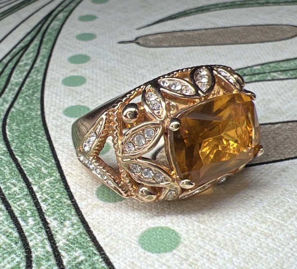 HSN Doris Panos Statement Ring Size: 8.75 Dark Yellow & Clear Crystal Gold Plate