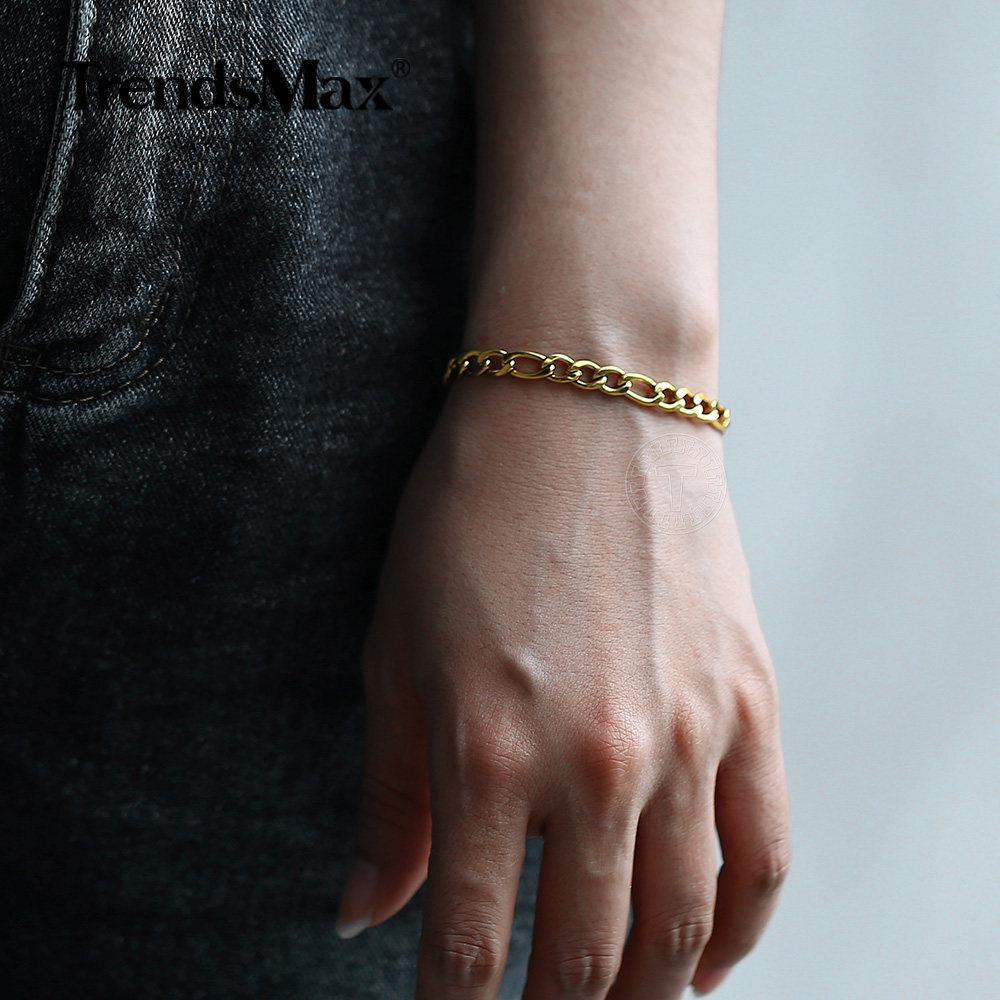 5mm Silver/Gold Plated Figaro Liink Chain Bracelet Stainless Steel Clasp Jewelry