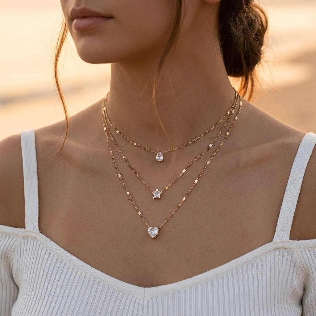 3 Layer Gold Chain Necklace Crystal Heart Star Teardrop Dainty Boho Beach Choker