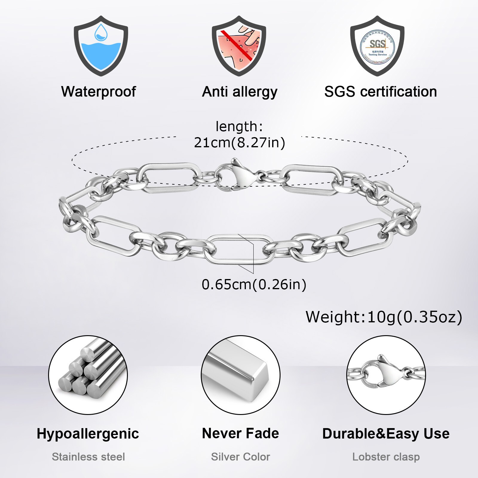 Stainless Steel Chunky Handmade Rolo Link Bracelets Paperclip Wristband Unisex