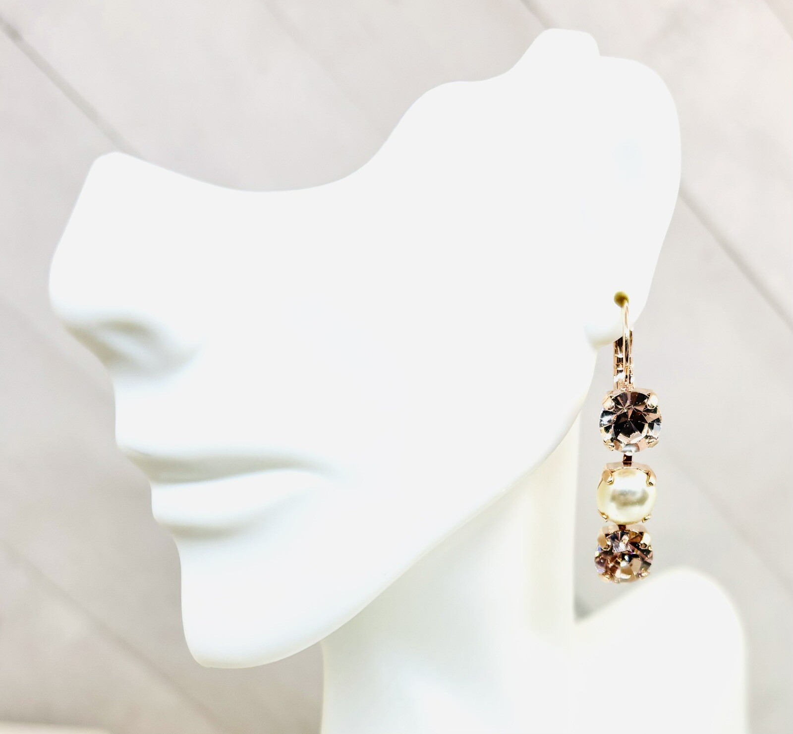 8mm Rose Gold Cream Pearl and Champagne Triple Stone Cup Chain Earring Pair
