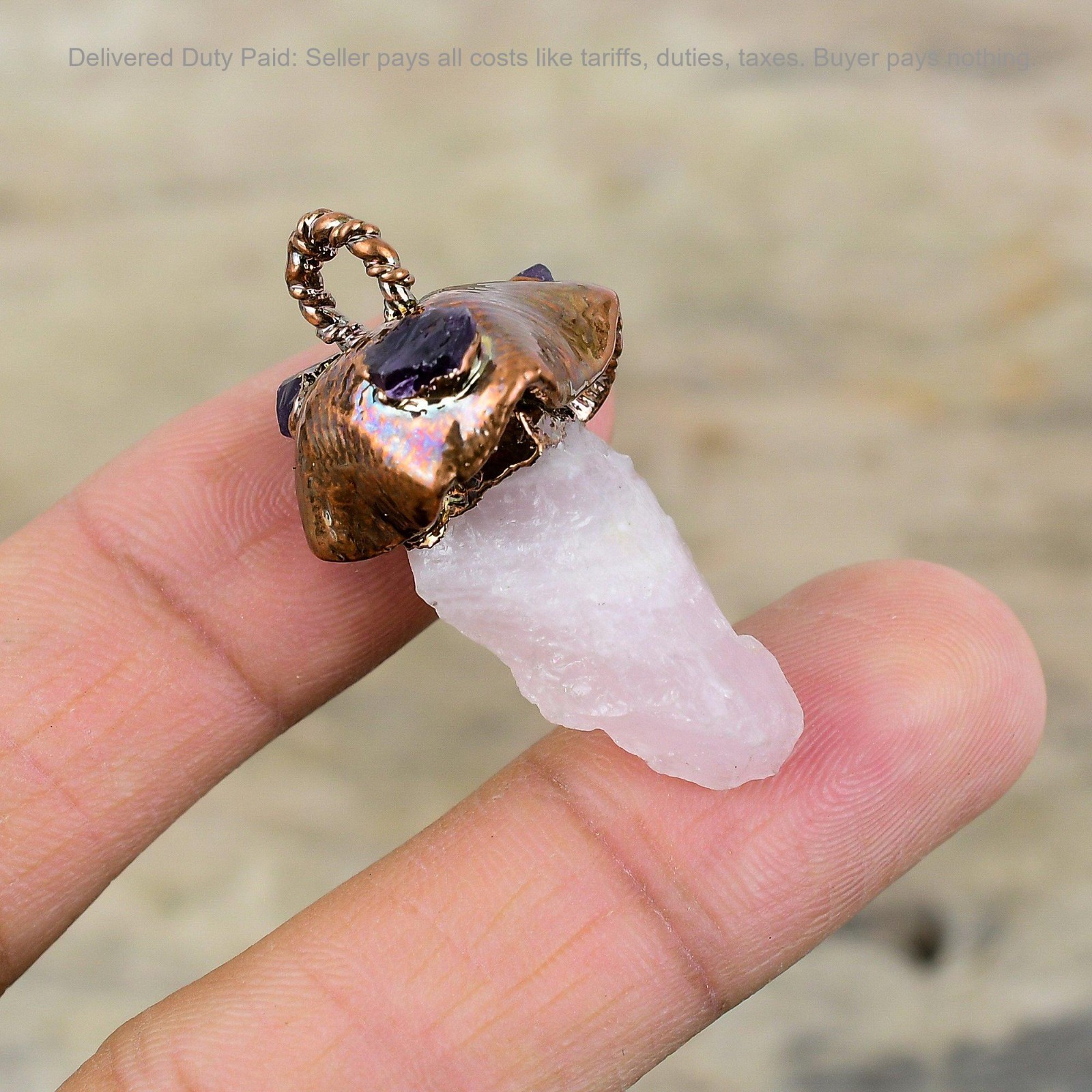 Copper Pentagon Rose Quartz Rough Gemstone Sister Birthday Electroformed Pendant
