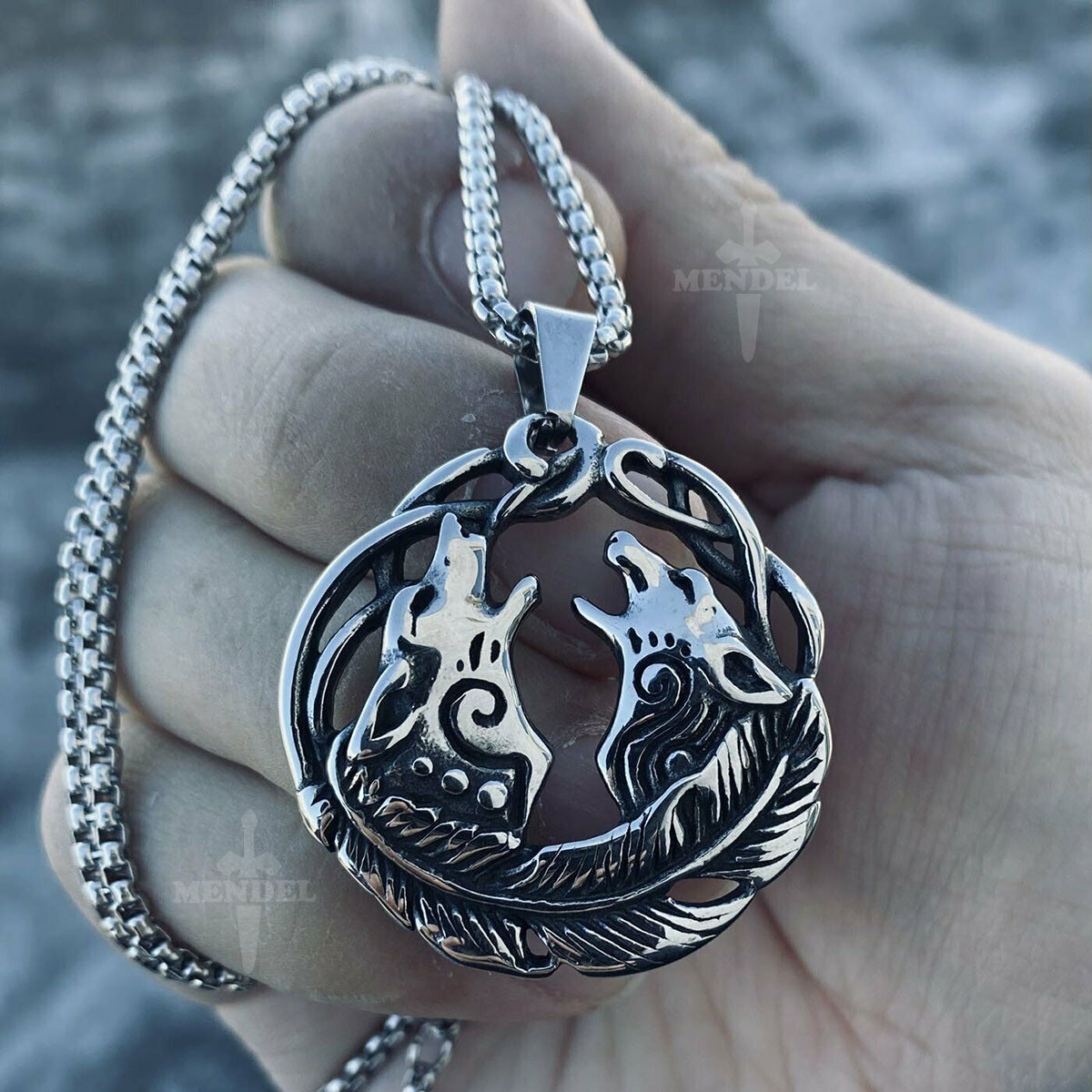 MENDEL Mens Girls Stainless Steel Couple Love Viking Wolf Pendant Necklace Women