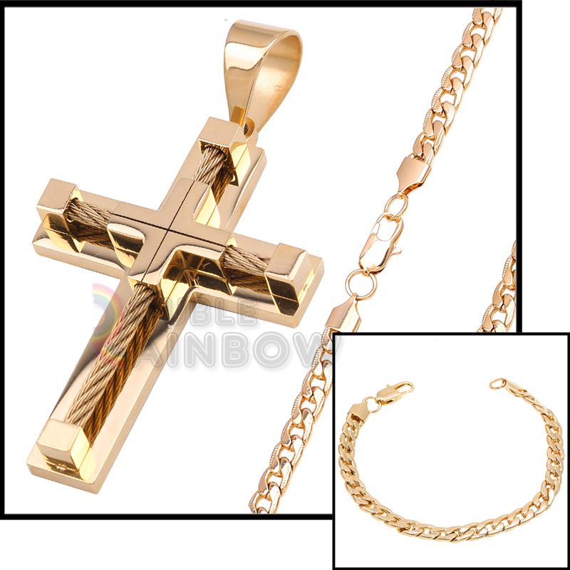 10P1 Mens Heavy Cross Pendant 8mm Diamond Cut Cuban Chain Necklace Bracelet Set