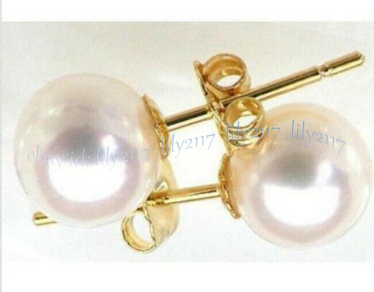 PERFECT AAA++ NATURAL REAL WHITE ROUND PEARL STUD EARRINGS 14K GOLD