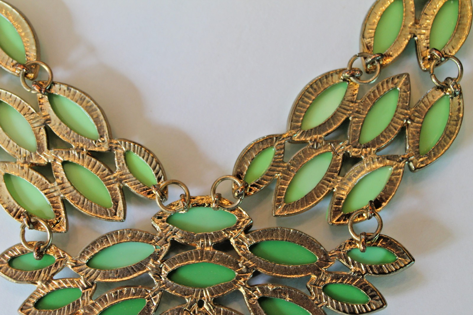 Light & Dark Green Gold Tone Chain Statement Bib Necklace Bib Acrylic Navettes