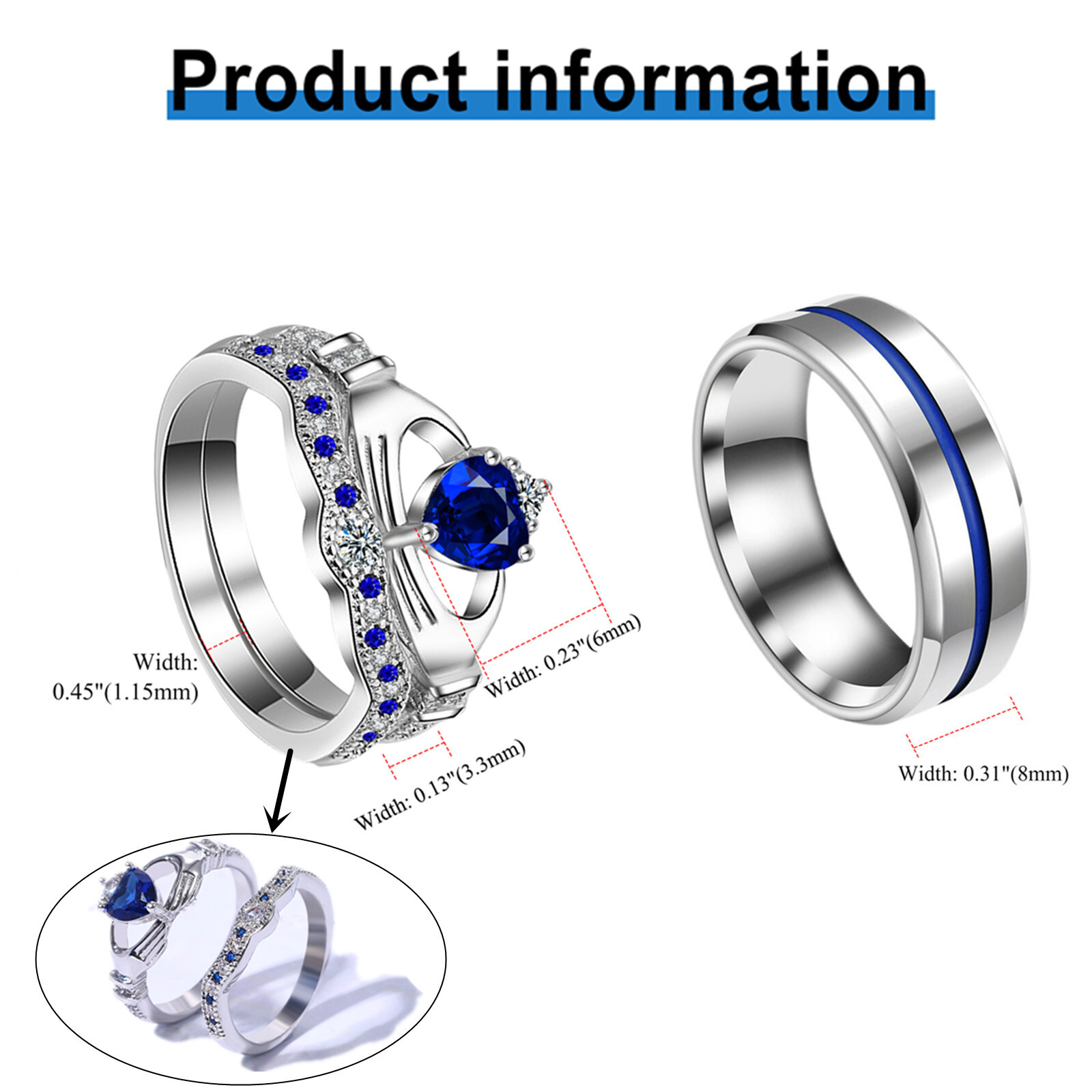 Couple Ring Bridal Set Men Blue Groove & Women Heart CZ Wedding Engagement Band