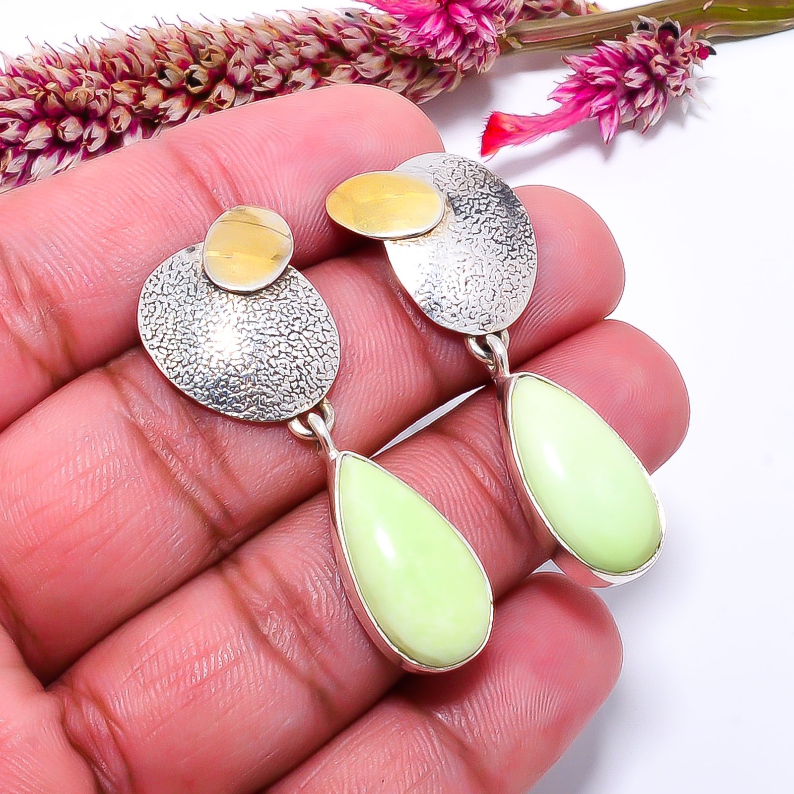 Lemon Chrysoprase – Australia 925 Sterling Silver Two Tone Earring 1.76″ E771140