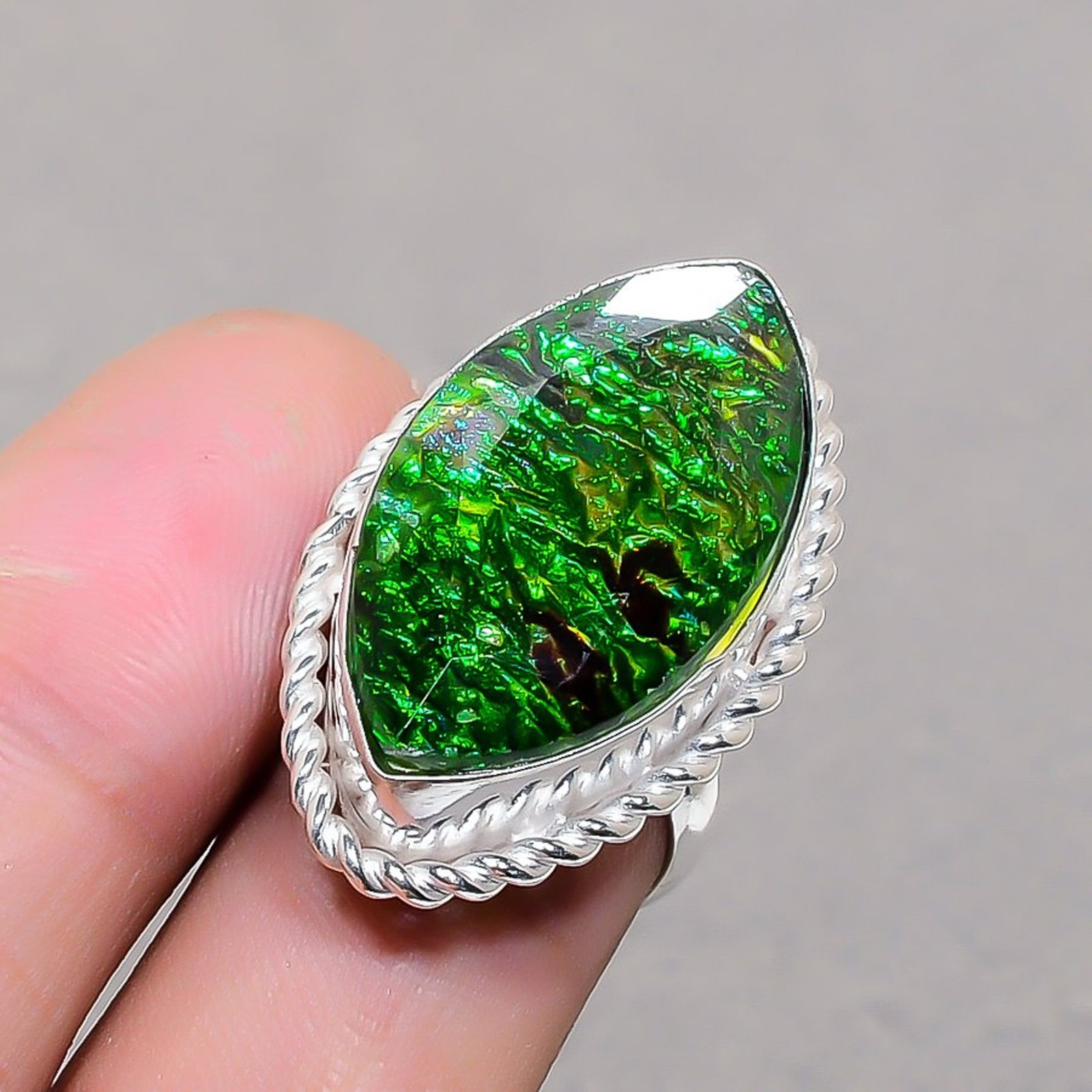 Ammolite Marquise Shape Gemstone Adjustable Ring Handmade Statement Gift Jewelry